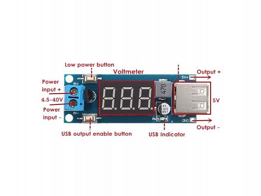 Napájecí modul, step-down měnič 4,5-40V na 5V/2A, USB+voltmetr