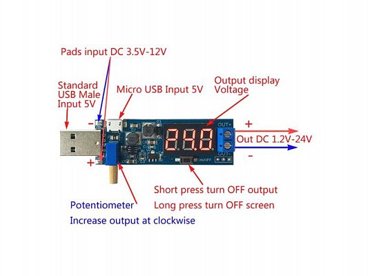 Napájecí modul, step-up měnič 3,5-12V na 1,2-24V včetně USB