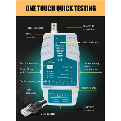 Tester kabelů BNC a RJ45, 10 Base-T, RJ-11/RJ-12 USOC