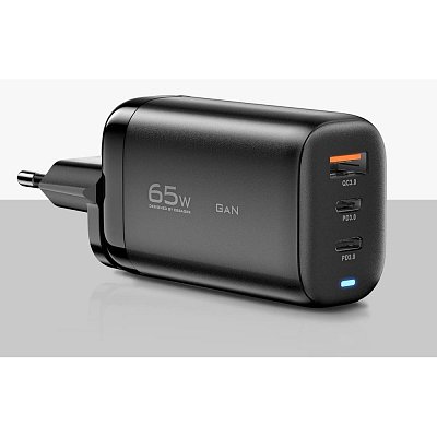 Multiportová nabíječka 65W 2x USB-C, 1x USB-A, černá