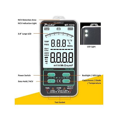 Univerzální multimetr s automatickým rozsahem, DC 600V/10A, AC 600V/10A, 60MOhm, 100mF, 6kHz