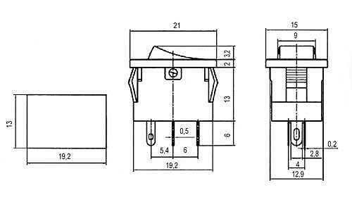 Přepínač kolébkový 2pol./4pin ON-OFF 250V/3A LED červený