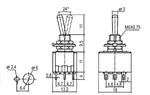 Přepínač páčkový 2pol./9pin ON-ON 12V