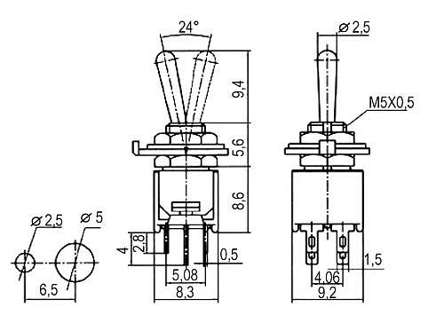 Přepínač páčkový 3pol./6pin ON-OFF-ON mini