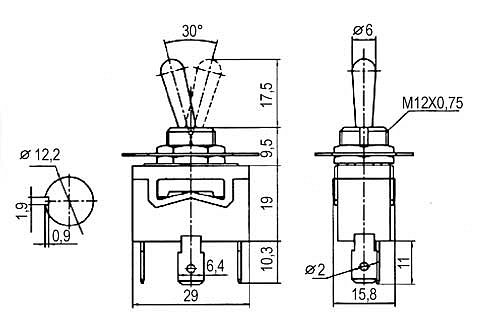 Přepínač páčkový 2pol./3pin ON-ON 250V/10A