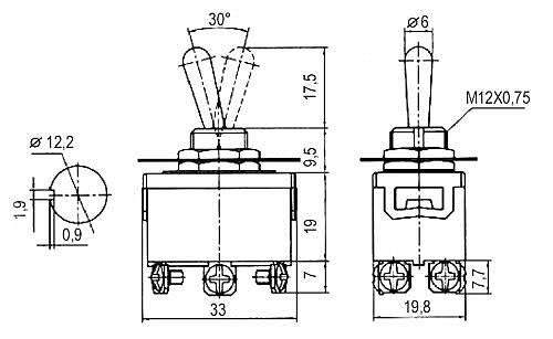 Přepínač páčkový 3pol./6pin ON-OFF-ON 250V/10A šroub.