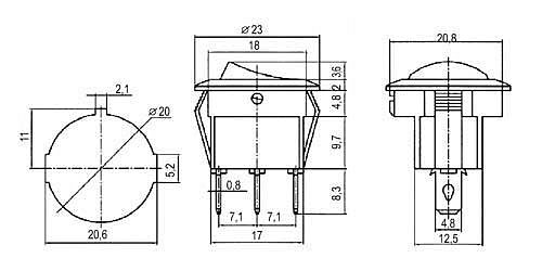 Přepínač kolébkový kul. pros. 2pol./3pin ON-OFF 250V/6A zelený