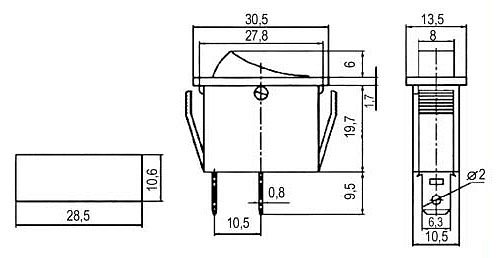 Přepínač kolébkový 2pol./2pin ON-OFF 250V/15A červený