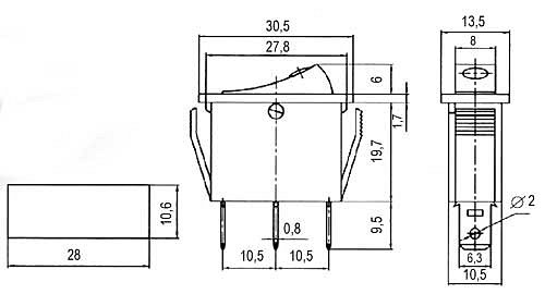 Přepínač kolébkový 2pol./3pin ON-OFF 250V/15A prosv. bod R