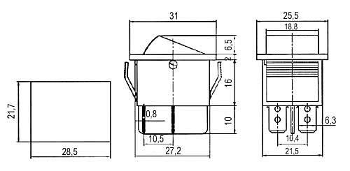 Přepínač kolébkový 2pol./4pin ON-OFF 250V/15A červený