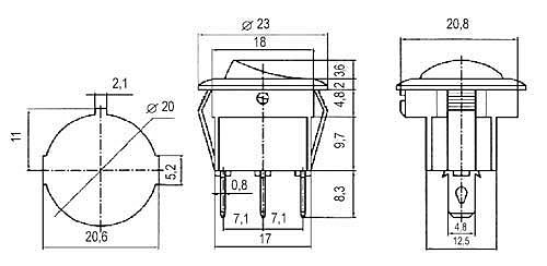 Přepínač kolébkový kul. 2pol./3pin ON-ON 250V/6A černý