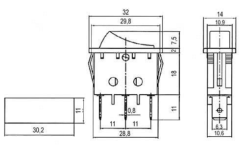 Přepínač kolébkový 2pol./3pin ON-ON 250V/15A černý