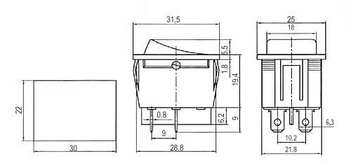 Přepínač kolébkový 2pol./4pin ON-OFF 250V/15A černý.