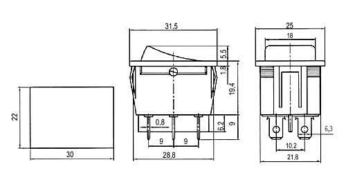 Přepínač kolébkový 2pol./6pin ON-ON 250V/15A černý