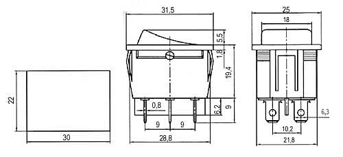 Přepínač kolébkový 3pol./6pin ON-OFF-ON 250V/15A černý