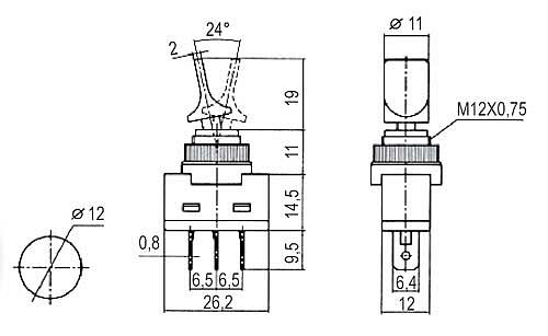 Přepínač páčkový 2pol./3pin ON-OFF 12VDC prosv. červený