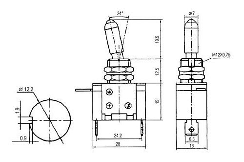 Přepínač páčkový 2pol./2pin ON-OFF 12VDC/25A LED červená